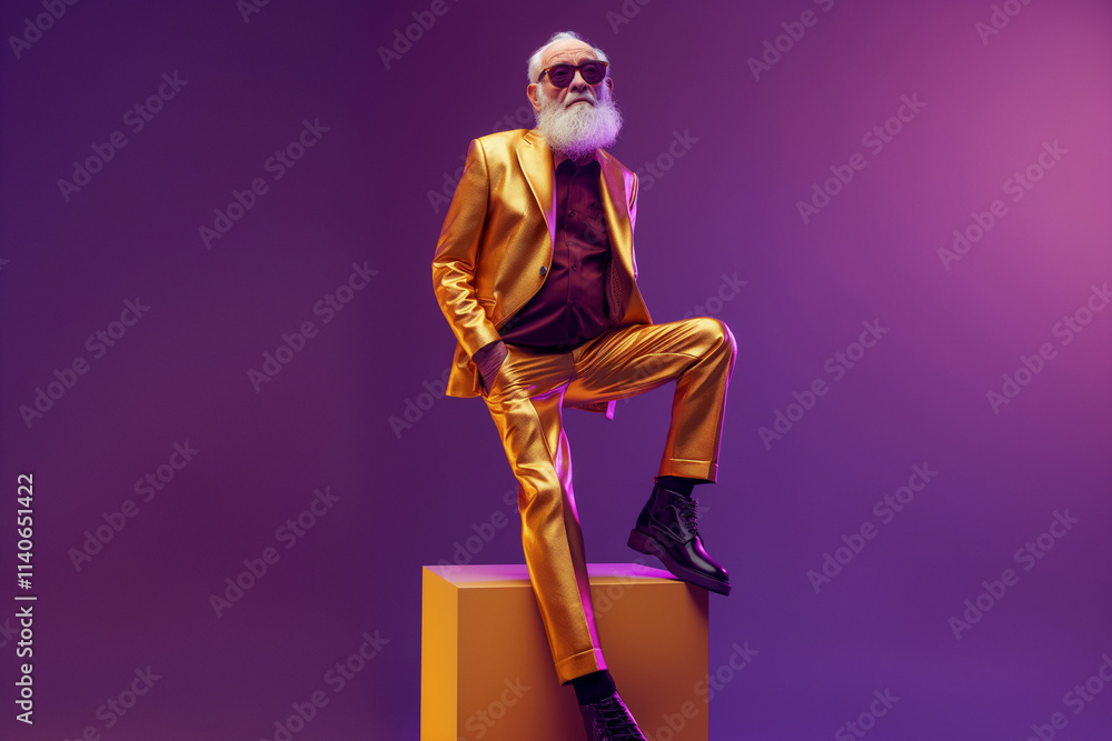 Obraz premium An elderly man in a metallic gold suit strikes a pose against a vibrant purple backdrop. Bold contemporary fashion and confidence.