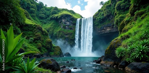 Lush greenery surrounds the base of a majestic waterfall, cascade, hawaii photo