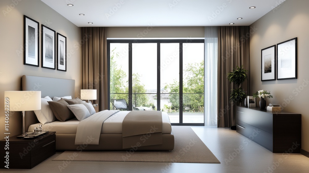 Fototapeta premium Modern Minimalist Bedroom Interior with Large Windows and Natural Light