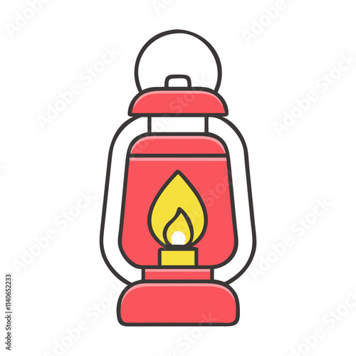 Red camping lantern with yellow flame.