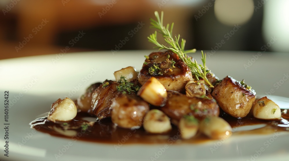 Elegant Plated Dish with Tender Meat and Herb Garnish Elegant Plated Dish with Tender Meat and Herb Garnish
