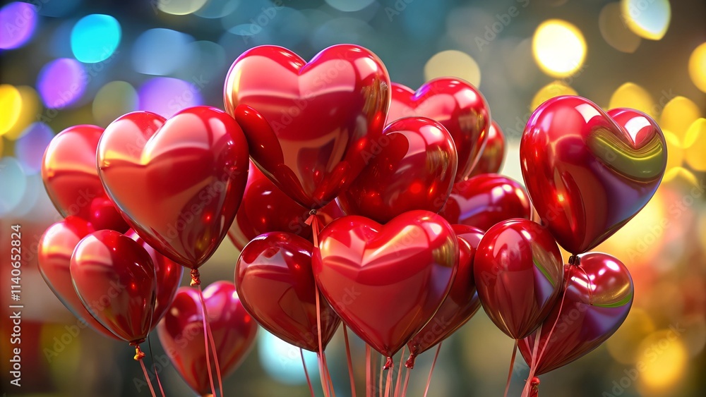 Red heart balloons, with blurred background with bokeh lights Red heart balloons, with blurred background with bokeh lights