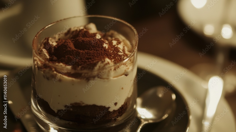 A creamy tiramisu dessert in a white bowl garnished with cocoa powder, chocolate shavings, and whipped cream. Accompanied by a vintage spoon, coffee cup, and cocoa-dusted background A creamy tiramisu dessert in a white bowl garnished with cocoa powder, chocolate shavings, and whipped cream. Accompanied by a vintage spoon, coffee cup, and cocoa-dusted background