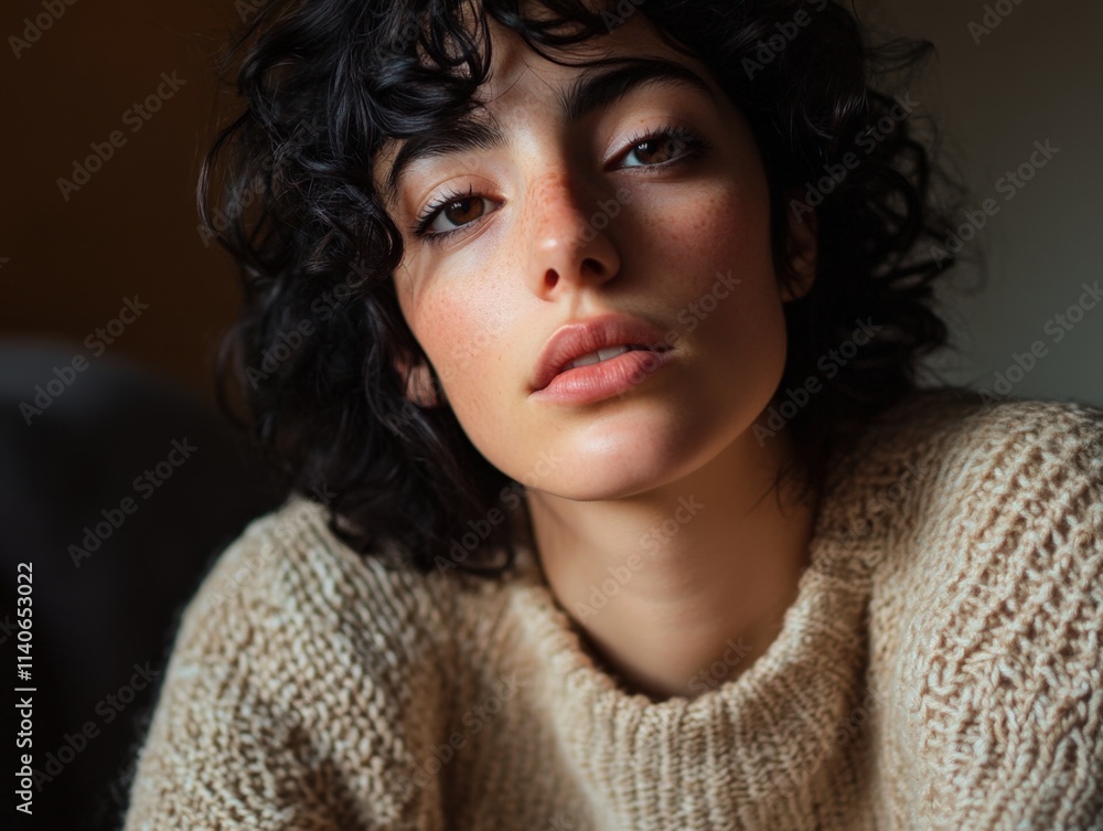 portrait of a person with dark curly hair wearing a beige sweater portrait of a person with dark curly hair wearing a beige sweater