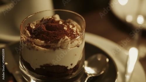 A creamy tiramisu dessert in a white bowl garnished with cocoa powder, chocolate shavings, and whipped cream. Accompanied by a vintage spoon, coffee cup, and cocoa-dusted background