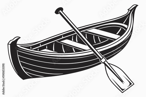 a long simple boat with an oar black silhouette color and white background