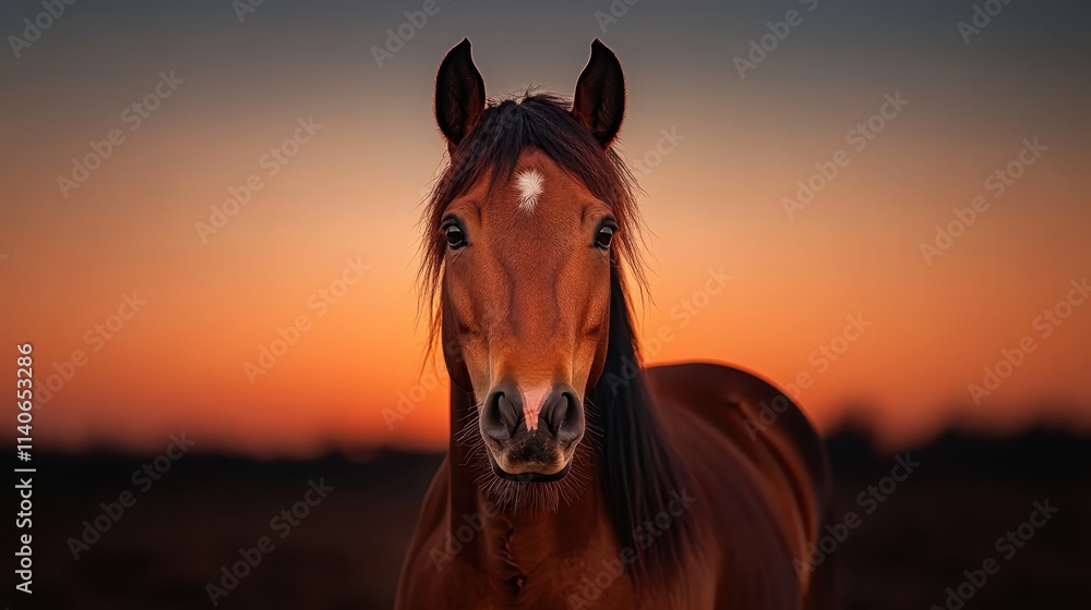 Fototapeta premium This beautiful image shows a horse with a serene expression illuminated by the rich hues of an enchanting sunset, creating a calming and picturesque portrait.