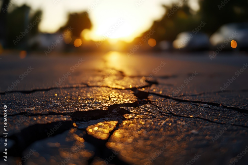 Obraz premium A close-up view of cracked pavement with a warm sunset in the background, showcasing a serene yet distressed urban landscape.