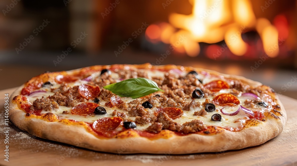 A gourmet pizza topped with pepperoni slices, black olives, and fresh basil leaves, lying on a wooden board in front of a fiery brick oven for a perfect bake. A gourmet pizza topped with pepperoni slices, black olives, and fresh basil leaves, lying on a wooden board in front of a fiery brick oven for a perfect bake.