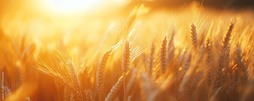 Golden wheat field at sunset, warm sunlight, countryside landscape, copy space, Generative AI Golden wheat field at sunset, warm sunlight, countryside landscape, copy space, Generative AI