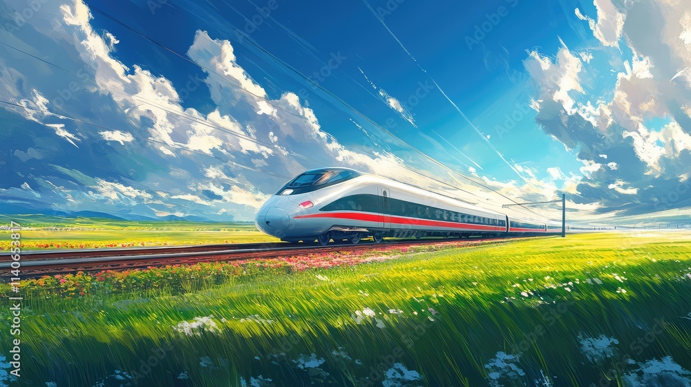 Fototapeta premium A modern bullet train gliding through a countryside landscape, surrounded by vibrant green fields and blue skies