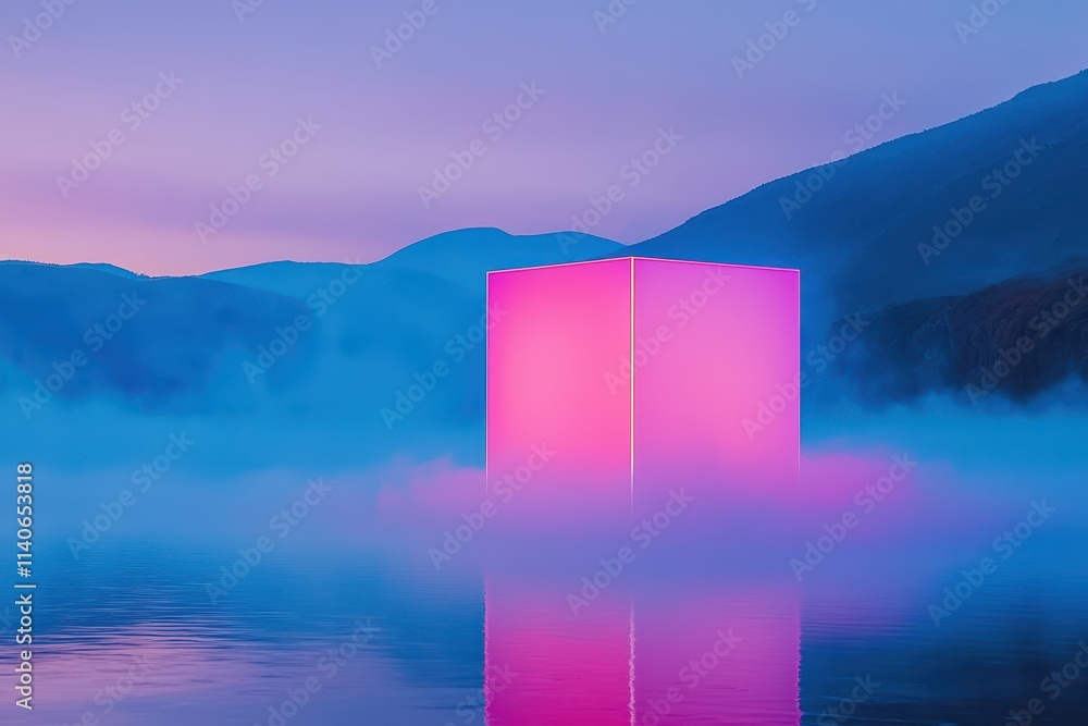 A glowing pink cube emerges from misty waters, surrounded by mountains under a serene twilight sky, creating a surreal, ethereal atmosphere. A glowing pink cube emerges from misty waters, surrounded by mountains under a serene twilight sky, creating a surreal, ethereal atmosphere.