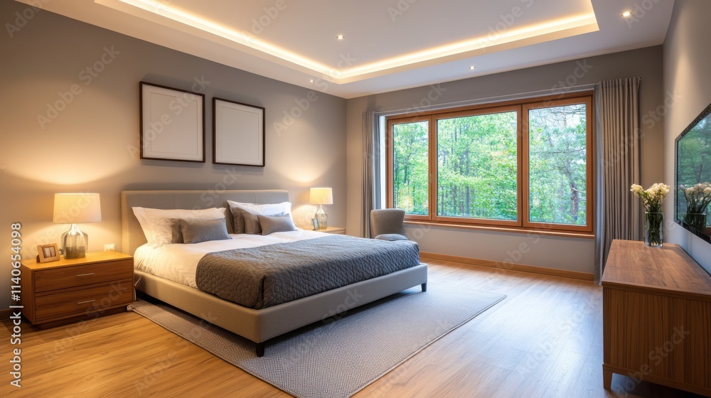 Modern Minimalist Bedroom with Large Window Overlooking Nature, Soft Colors and Cozy Atmosphere Modern Minimalist Bedroom with Large Window Overlooking Nature, Soft Colors and Cozy Atmosphere