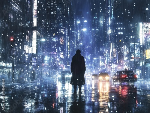 person in dark clothing standing in a rainy city street at night