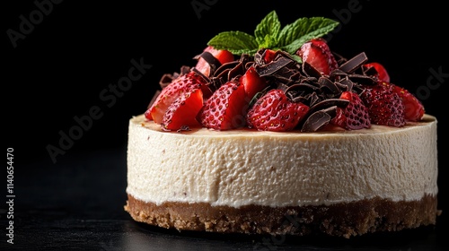 A decadent cheesecake topped with fresh strawberries and dark chocolate shavings, adorned with green mint leaves, offering a luxurious and indulgent dessert experience. photo