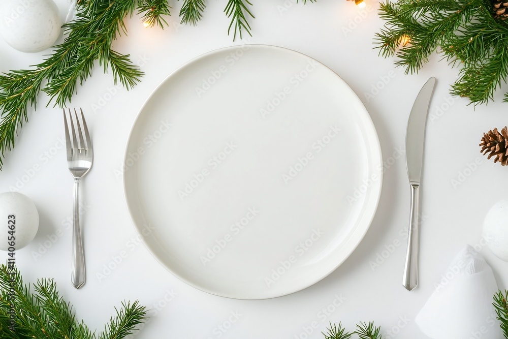 Elegant Winter Holiday Table Setting with Pine Branches and Festive Decor on White Background Elegant Winter Holiday Table Setting with Pine Branches and Festive Decor on White Background