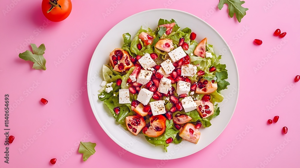 Close up of a whole some salad plate full of fresh veggies combined with feta cheese and red pomegranate seeds on colourful background Close up of a whole some salad plate full of fresh veggies combined with feta cheese and red pomegranate seeds on colourful background