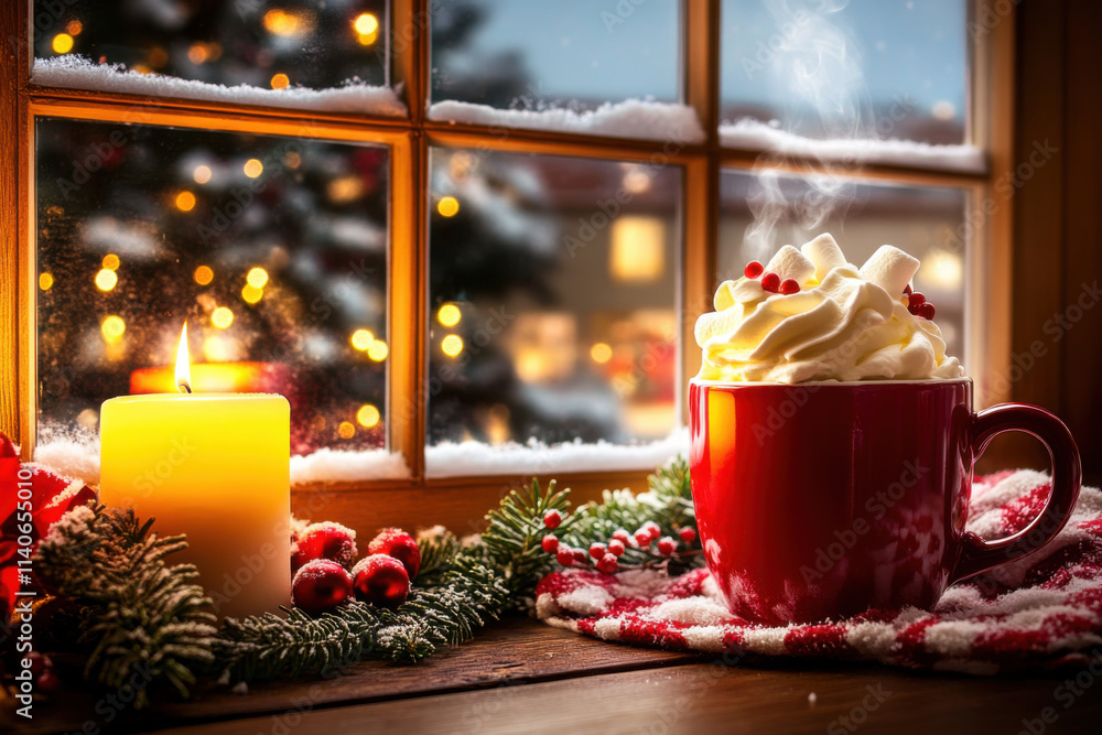 A Cozy Close-Up of a Steaming Mug with Whipped Cream and Marshmallows by a Frosted Window (Generative AI) A Cozy Close-Up of a Steaming Mug with Whipped Cream and Marshmallows by a Frosted Window (Generative AI)