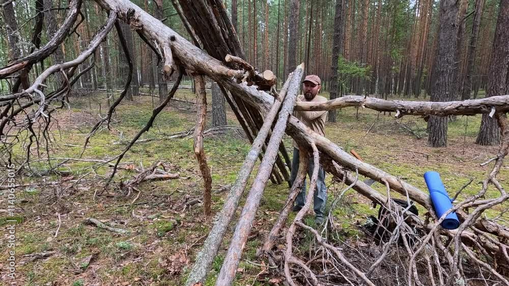 Man builds shelter in forest and does bushcraft Man builds shelter in forest and does bushcraft