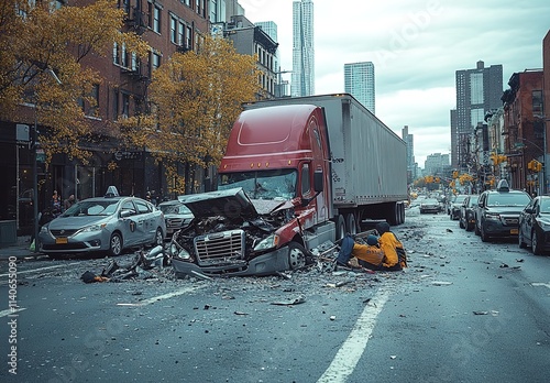 A truck and several cars involved in an accident on the streets photo