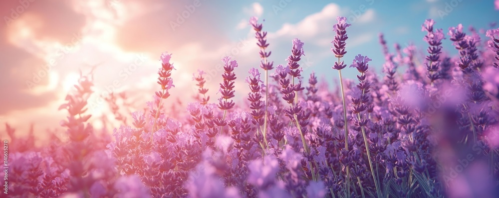 Lavender field in full bloom, purple flowers under blue sky, summer landscape, banner design, Generative AI Lavender field in full bloom, purple flowers under blue sky, summer landscape, banner design, Generative AI