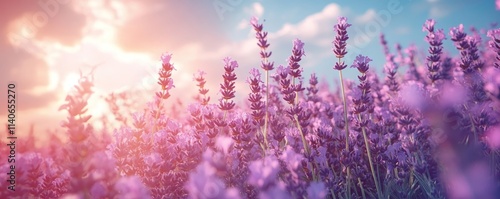 Lavender field in full bloom, purple flowers under blue sky, summer landscape, banner design, Generative AI