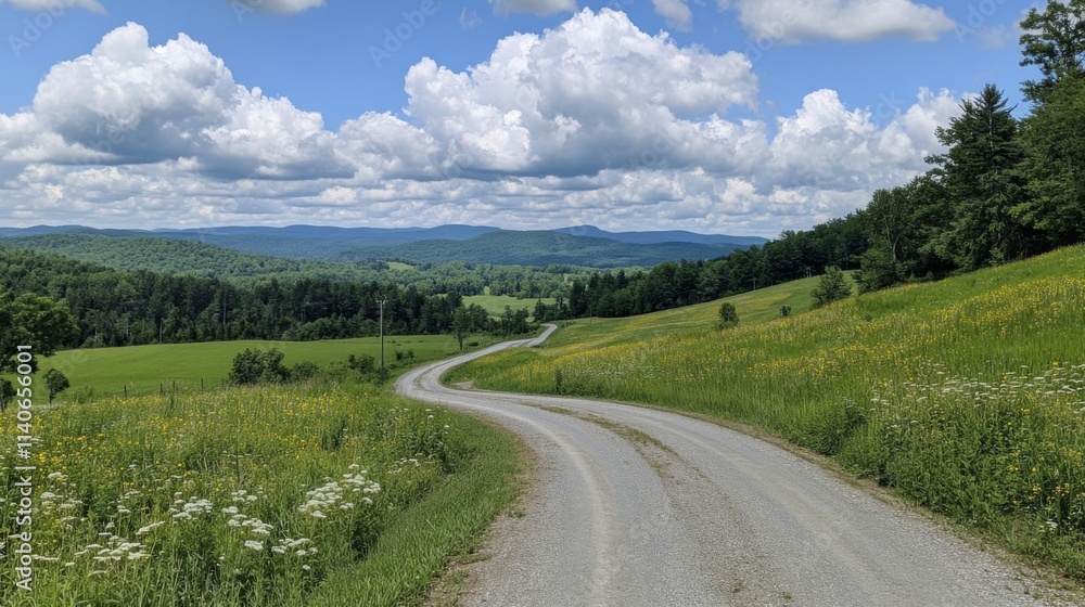 Serene Countryside Road Under Beautiful Blue Sky and Fluffy Clouds Serene Countryside Road Under Beautiful Blue Sky and Fluffy Clouds