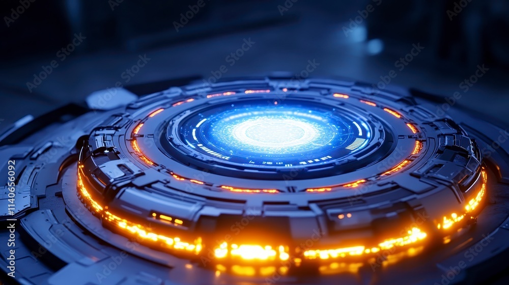 Fototapeta premium A futuristic, circular device emits blue light, surrounded by glowing orange elements, set against a dark background.