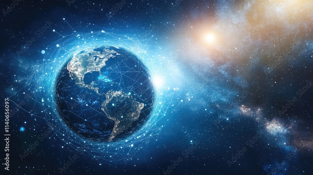 Fototapeta premium A futuristic representation of global connections, a globe surrounded by spinning holographic data points, sci-fi, high resolution, vibrant tones