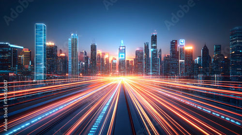 Cityscape at Night, Urban Lights & Speed, Representing Technological Advancement and Connectivity Through Fast-Paced Progress in a Modern Metropolis