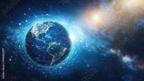 A futuristic representation of global connections, a globe surrounded by spinning holographic data points, sci-fi, high resolution, vibrant tones