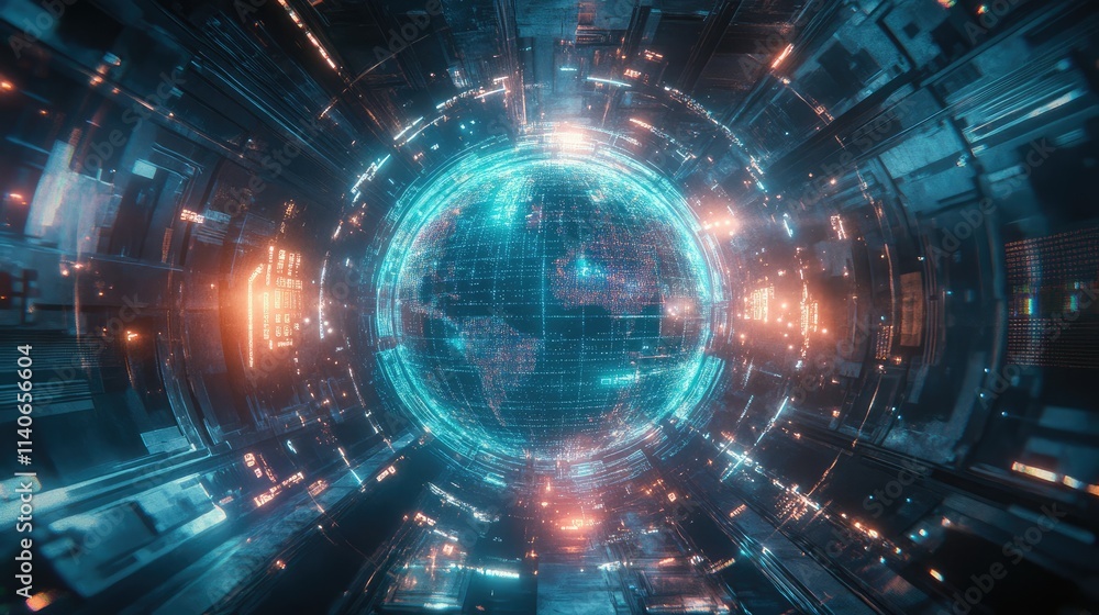 A futuristic representation of global connections, a globe surrounded by spinning holographic data points, sci-fi, high resolution, vibrant tones A futuristic representation of global connections, a globe surrounded by spinning holographic data points, sci-fi, high resolution, vibrant tones