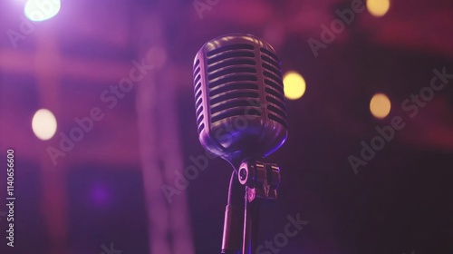 Classic Retro Microphone on Stage Surrounded by Colorful Lights