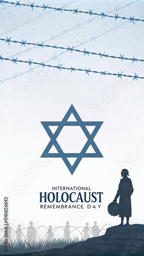 Silhouette of person holding wreath against barbed wire and the Star of David. Ideal for Holocaust Remembrance Day visuals, educational content. Symbol of remembrance, grief, and honoring victims