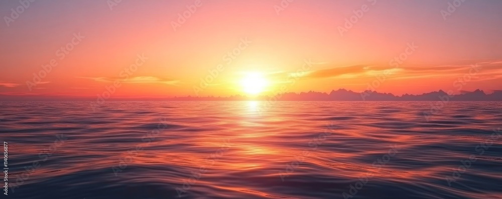 Sunset over calm sea, warm orange pink gradient sky, silhouette of distant mountains, Generative AI Sunset over calm sea, warm orange pink gradient sky, silhouette of distant mountains, Generative AI