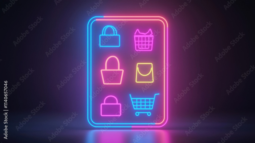value and price concept. Neon shopping icons on a glowing background representing online retail and e-commerce. value and price concept. Neon shopping icons on a glowing background representing online retail and e-commerce.