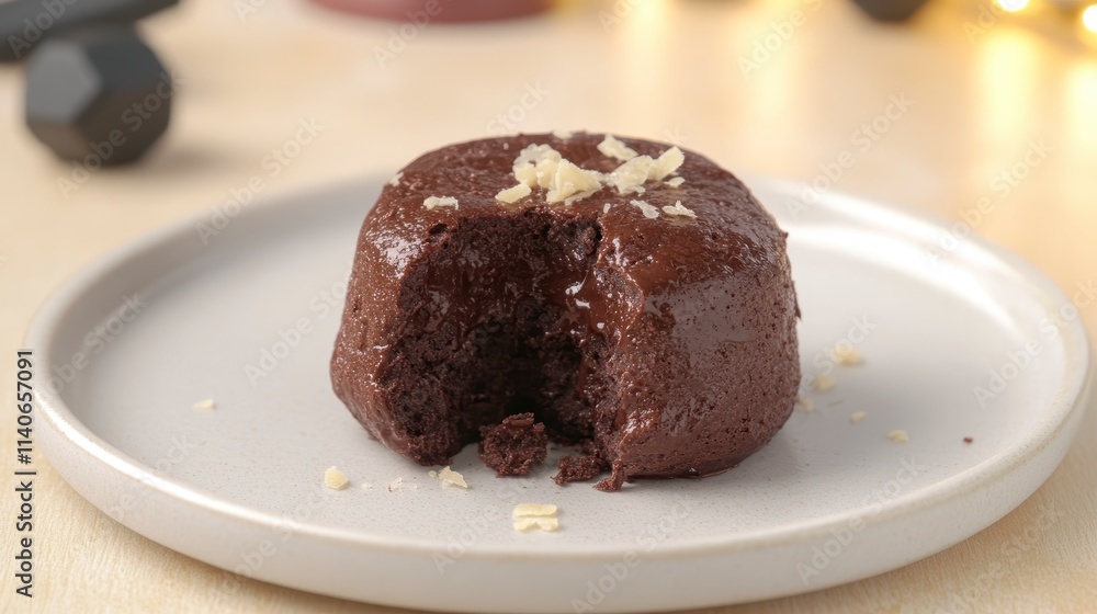 A decadent chocolate lava cake with a gooey center, topped with nuts, served on a simple plate against a softly lit background. A decadent chocolate lava cake with a gooey center, topped with nuts, served on a simple plate against a softly lit background.