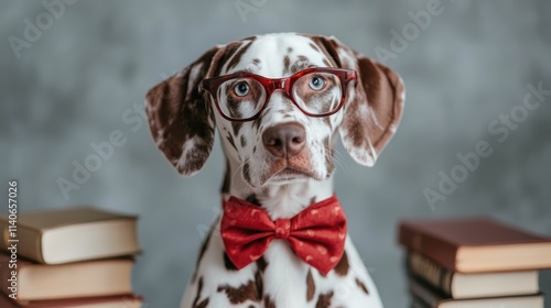 A chocolate brown spotted Dalmatian, wearing red glasses and a bow tie, poses studiously with books, presenting a thoughtful and academic vibe. photo