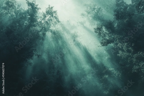 Wallpaper Mural through misty forest, rough texture effect, rays tranquil theme, Generative AI Torontodigital.ca