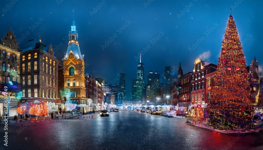 Obraz premium Festive Cityscape Christmas Lights Snowy Street Illuminated Buildings