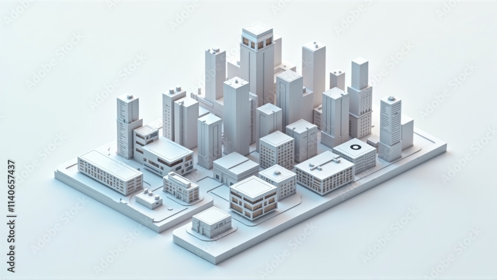 A detailed architectural model of a modern cityscape with minimalist white buildings, skyscrapers, and urban infrastructure on a white base. Generative, AI, A detailed architectural model of a modern cityscape with minimalist white buildings, skyscrapers, and urban infrastructure on a white base. Generative, AI,