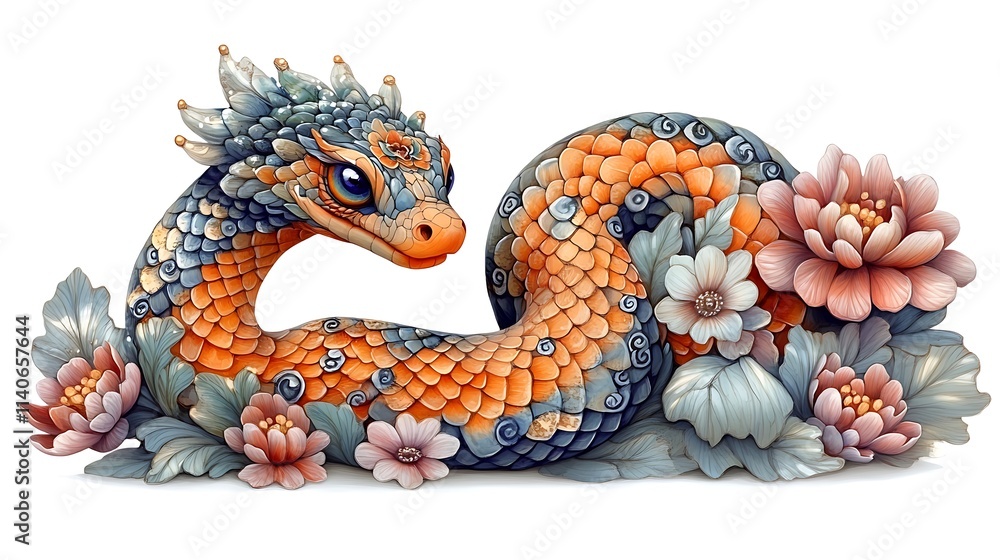 Fototapeta premium A Colorful Snake Adorned with Vibrant Flowers.