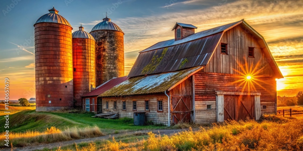 Fototapeta premium Rustic Charm: Old Barn & Silos - Documentary Photography