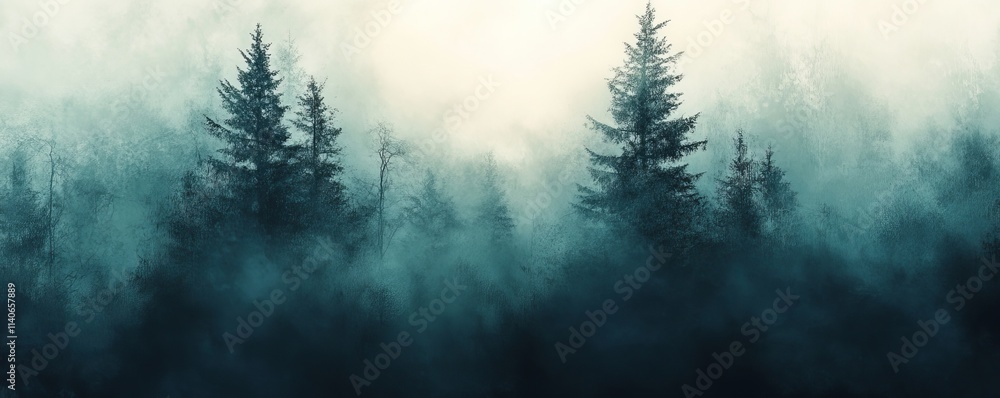 Fototapeta premium shining through a misty forest, grainy transition texture, Generative AI
