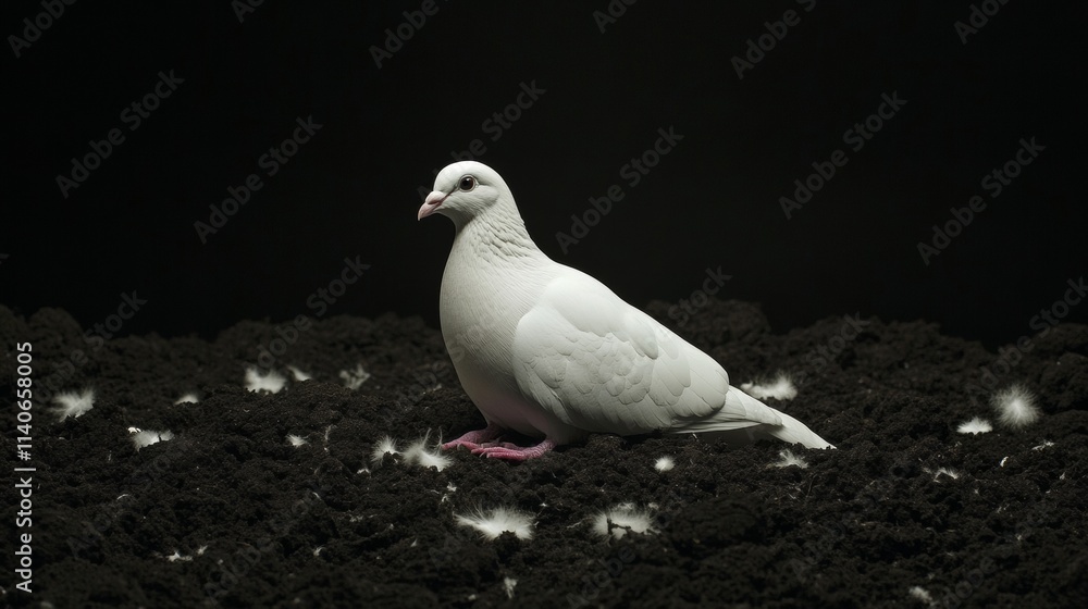 Fototapeta premium White dove resting on dark soil with scattered feathers