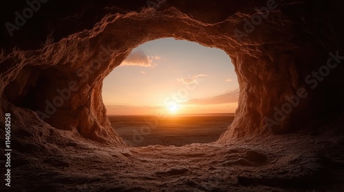 A breathtaking view from inside a cave overlooking a vast desert as the sun sets, creating a picturesque scene rich with warm, golden hues and natural beauty.