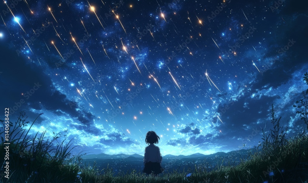 anime hills with stars and sky streaks, Generative AI anime hills with stars and sky streaks, Generative AI