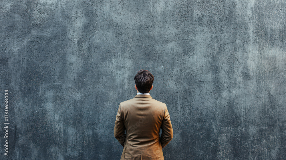 Pensive man in formal suit standing against textured gray wall contemplating future decisions and opportunities in life or business environment Pensive man in formal suit standing against textured gray wall contemplating future decisions and opportunities in life or business environment