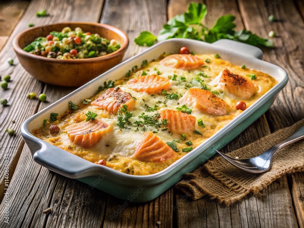 Rustic Salmon Gratin: Creamy Seafood Bake on Wooden Table - Foodie Photography Rustic Salmon Gratin: Creamy Seafood Bake on Wooden Table - Foodie Photography