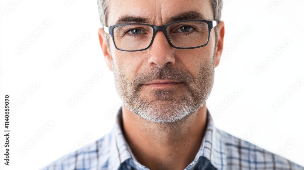 Close-up shot of a middle-aged man in a tech startup setting, wearing smart casual attire, focused and serious, against a white background. Close-up shot of a middle-aged man in a tech startup setting, wearing smart casual attire, focused and serious, against a white background.